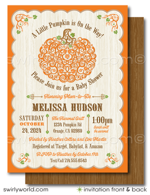 Celebrate the upcoming arrival of your little one with our adorable "Little Pumpkin On the Way" Fall Autumn-themed baby shower invitation and thank you card set. This charming digital download is ideal for setting a cozy, festive atmosphere at a baby shower during the enchanting fall season or a Halloween-themed event.