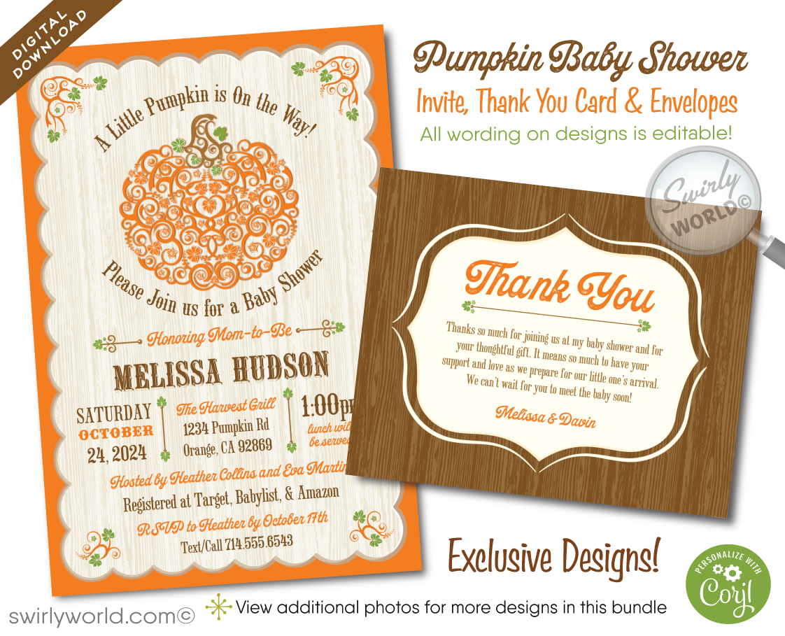 Celebrate the arrival of your little pumpkin with our charming "Little Pumpkin Is On the Way" Fall Autumn-themed baby shower invitation and thank you card set. This delightful digital downloadable collection is perfect for setting a warm, festive tone for a baby shower that coincides with the enchanting fall season or a Halloween-themed celebration.