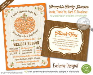 Celebrate the arrival of your little pumpkin with our charming "Little Pumpkin Is On the Way" Fall Autumn-themed baby shower invitation and thank you card set. This delightful digital downloadable collection is perfect for setting a warm, festive tone for a baby shower that coincides with the enchanting fall season or a Halloween-themed celebration.