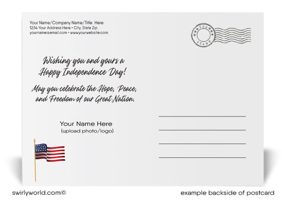 Neighborhood of Houses with Fireworks American Flag 4th of July Postcards for RealtorsNeighborhood of Houses with Fireworks American Flag 4th of July Postcards for Realtors