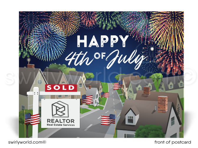 Neighborhood of Houses with Fireworks American Flag 4th of July Postcards for RealtorsNeighborhood of Houses with Fireworks American Flag 4th of July Postcards for Realtors