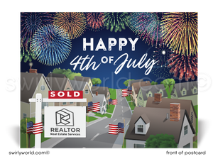 Neighborhood of Houses with Fireworks American Flag 4th of July Postcards for RealtorsNeighborhood of Houses with Fireworks American Flag 4th of July Postcards for Realtors