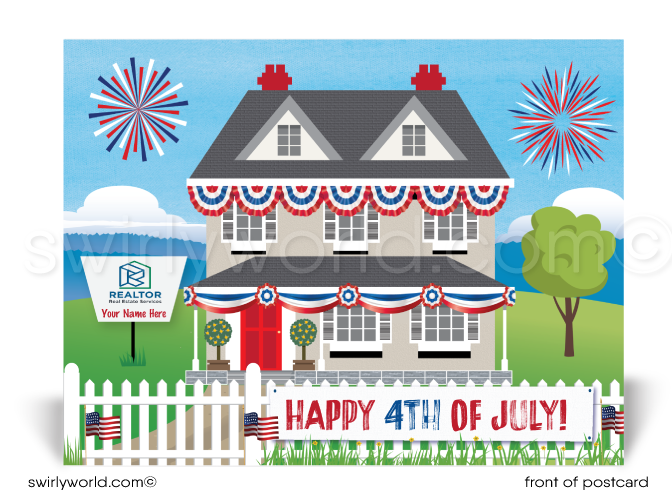 Patriotic Traditional American House Decorated for July 4th Celebration Postcards for Realtors