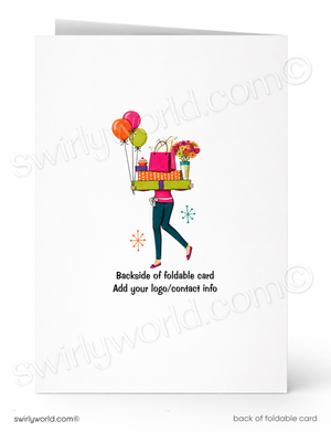 A folded greeting card shown front and back on a white background. The front features a colorful illustration of a woman carrying shopping bags, balloons, and flowers, with placeholder text reading 'Backside of foldable card' and 'Add your logo/contact info.