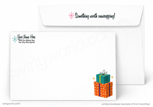 A set of white printed envelopes shown on a light gray background. The front envelope has a small gift box illustration in the lower right corner and placeholder text on the left, while the back envelope shows the phrase 'Something worth unwrapping!' with a small pink starburst at the top right.