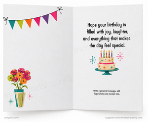 An open folding greeting card shown front and back on a white background. The left panel features colorful bunting, a vase of flowers, and decorative stars.