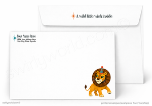 A printed white envelope set shown on a light gray background. The front envelope has a small lion illustration in the lower right corner and sample address text on the left.