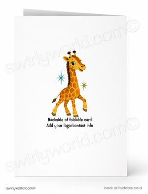 A white foldable greeting card shown front and back. The front features a cartoon giraffe with small blue and yellow stars, and the back shows placeholder text reading 'Backside of foldable card' and 'Add your logo/contact info'.