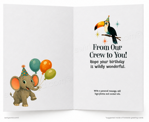 An open greeting card shown front and back. The left panel features a cartoon elephant wearing a party hat and holding teal, orange, and yellow balloons.