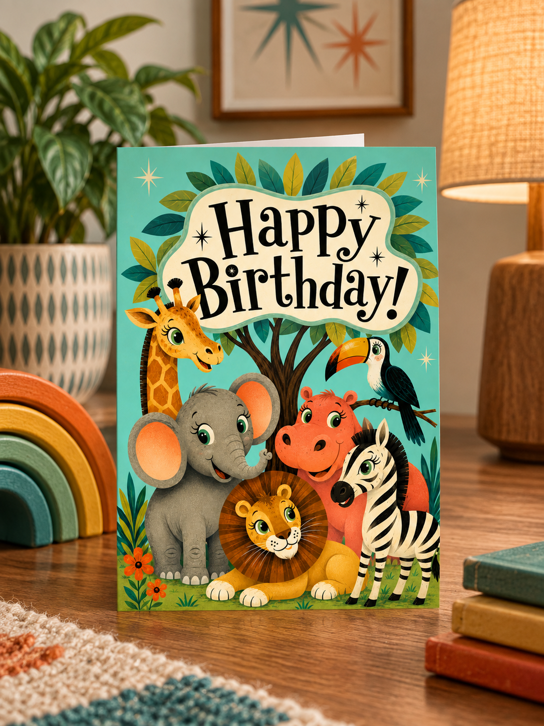 A colorful safari-themed birthday card with cartoon animals including a giraffe, elephant, hippo, zebra, lion, and toucan under a large 'Happy Birthday!' sign on a teal background.
