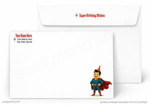 A printed birthday envelope set shown on a white background, with a front envelope featuring red text and a cartoon superhero illustration, and a larger back envelope with address fields and the same superhero graphic.