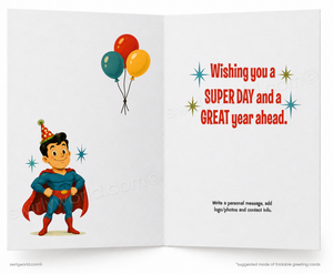 An open greeting card template with a white interior spread. The left page shows a cartoon superhero wearing a party hat with balloons above.