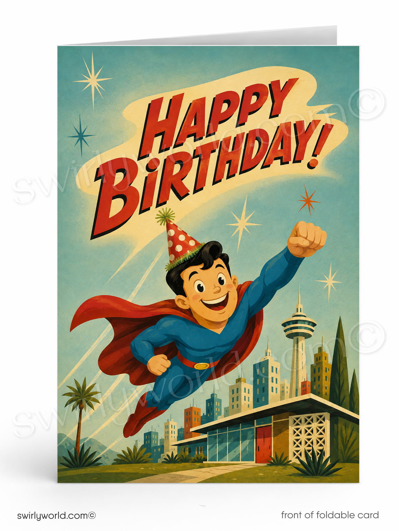 A retro-style birthday card shown front-facing on a white background. The card features a colorful illustration of a superhero flying over a city skyline, with large red text reading “Happy Birthday!” at the top.