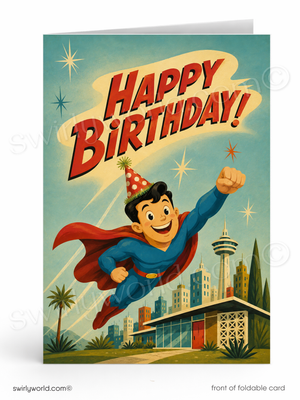 A retro-style birthday card shown front-facing on a white background. The card features a colorful illustration of a superhero flying over a city skyline, with large red text reading “Happy Birthday!” at the top.
