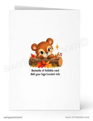 A white foldable card shown front and back on a light gray background. The front features a cartoon brown bear sitting on a log with autumn leaves and a small star, with placeholder text reading 'Backside of foldable card' and 'Add your logo/contact info.