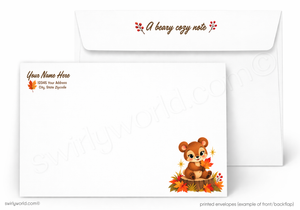 White stationery set showing a letterhead envelope behind a letterhead card. The card has a small autumn bear illustration at the bottom right and sample text fields on the left.
