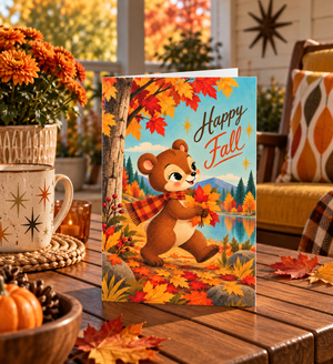 An autumn-themed greeting card featuring a cartoon bear holding fall leaves with the words 'Happy Fall' on the front, displayed on a wooden table in a cozy, decorated home setting.