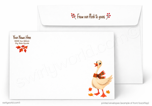 A printed envelope set shown on a white background, with the front of one envelope overlapping the back of another. The front envelope has a cartoon duck wearing a red plaid scarf and orange feet, with small orange leaves near the bottom right.