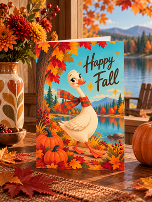 A square greeting card featuring a white goose wearing a red plaid scarf, standing on a wooden table surrounded by autumn leaves, pumpkins, and a lake scene. The card reads 'Happy Fall' in large black script.