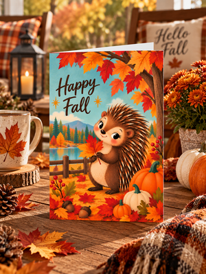 Happy Fall Hedgehog Retro Autumn Greeting Card