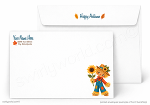 White printed envelopes shown on a white background, with one envelope displaying 'Happy Autumn' in blue text with orange leaves, and another envelope showing a custom address block with a cartoon scarecrow holding a sunflower.