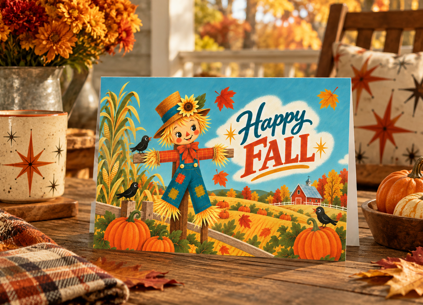 A folded greeting card shown standing upright, featuring a colorful autumn harvest scene with a scarecrow, pumpkins, corn, birds, fall leaves, a barn, and the text 'Happy FALL' in large decorative lettering.
