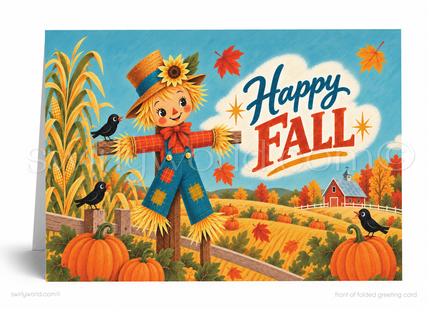 A folded greeting card shown standing upright, featuring a colorful autumn harvest scene with a scarecrow, pumpkins, corn, birds, fall leaves, a barn, and the text 'Happy FALL' in large decorative lettering.