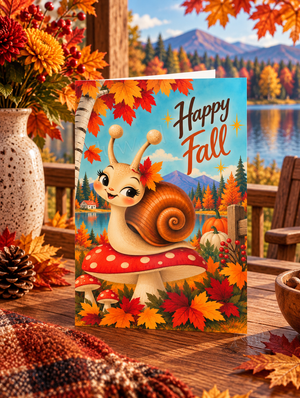 Happy Fall Snail on Mushroom Retro Greeting Card