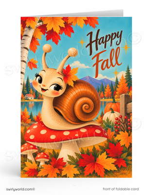 Happy Fall Snail on Mushroom Retro Greeting Card