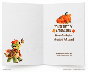 An open greeting card shown front and back on a white background. The left side features a cartoon turtle wearing an orange scarf and hat with autumn leaves, next to a butterfly.