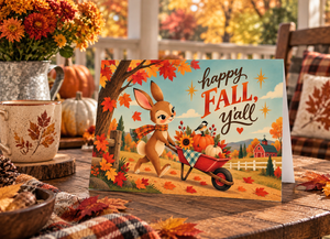 A festive autumn greeting card displayed on a rustic wooden table, surrounded by fall decorations including a mug, pumpkins, and flowers. The card features a cute cartoon deer pushing a wheelbarrow filled with pumpkins and sunflowers under a tree of orange leaves, with the text 'happy FALL, y'all' written on it.