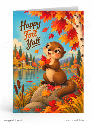 Happy Fall Y’all Otter Autumn Retro Greeting Card