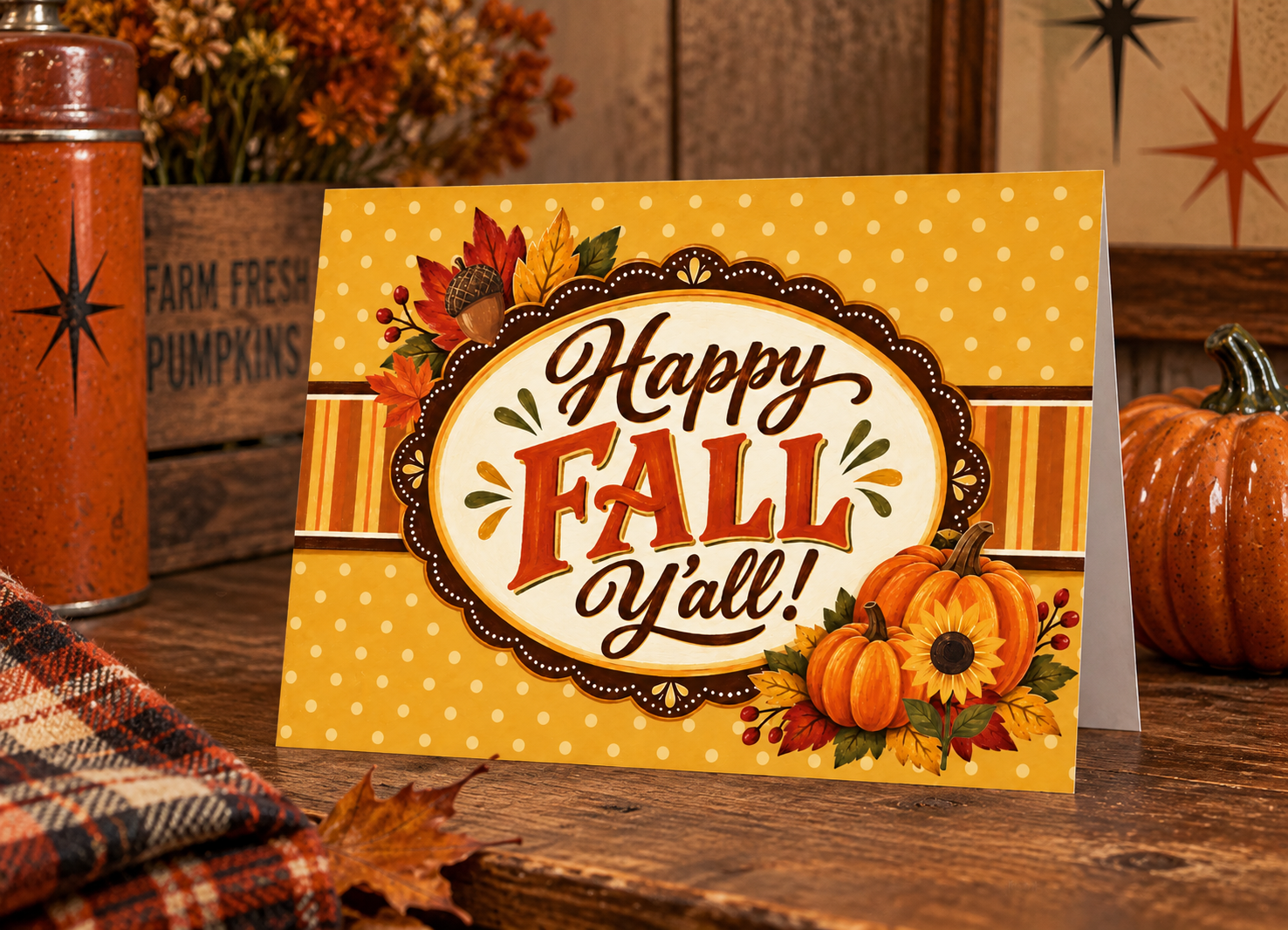 "Happy Fall Y'all" Printed Greeting Card - Autumn Leaves & Pumpkin Design