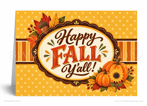 "Happy Fall Y'all" Printed Greeting Card - Autumn Leaves & Pumpkin Design