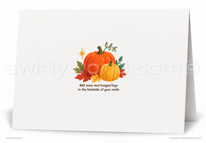 A white folded greeting card shown standing open against a white background. The front is blank, while the back features a centered autumn illustration of two orange pumpkins, yellow accents, and fall leaves above the text 'Add more feet/images/logo to the backside of your cards.