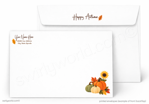 White printed envelopes shown on a light gray background, with one envelope behind a matching card. The card has placeholder text and a small autumn leaf motif, while the envelope reads 'Happy Autumn' with a leaf.