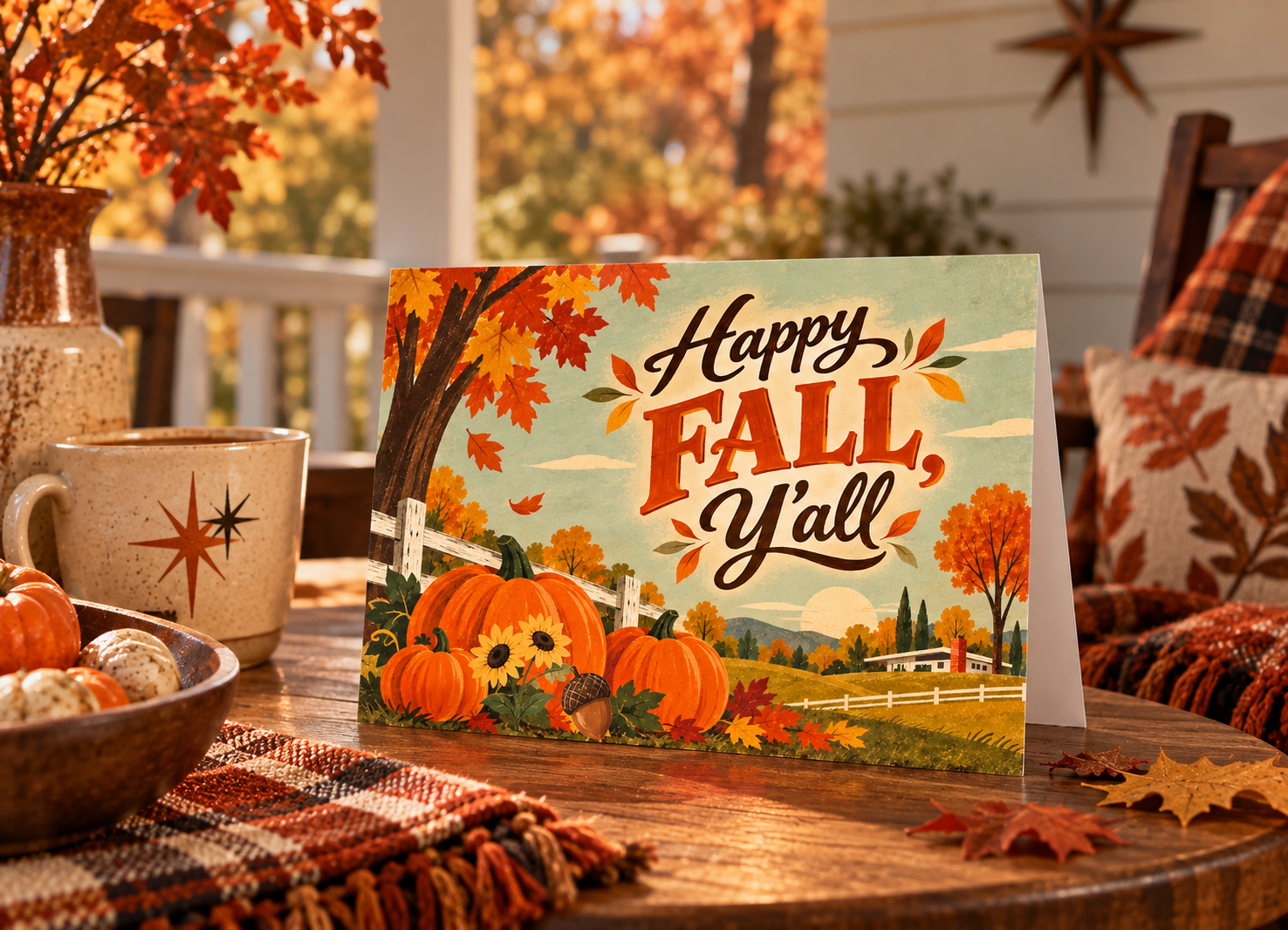 A folded greeting card featuring a retro autumn landscape with pumpkins, sunflowers, fall trees, and the text 'Happy FALL, y'all' in large decorative lettering.