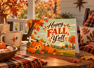 An autumn-themed greeting card reading 'Happy Fall Y'all' sits on a wooden table decorated with pumpkins, a mug, and fall leaves, with a cozy porch background.