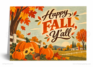 A folded greeting card featuring a retro autumn landscape with pumpkins, sunflowers, fall trees, and the text 'Happy FALL, y'all' in large decorative lettering.