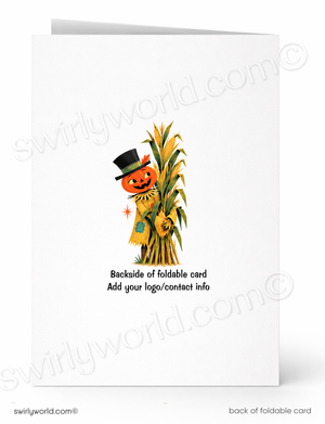 A white foldable greeting card shown front and back. The front features a small Halloween illustration of a smiling orange jack-o'-lantern wearing a black top hat and holding a cornstalk.