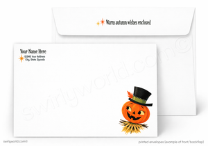 White printed envelopes shown on a white background, with one envelope front featuring a pumpkin jack-o'-lantern wearing a black top hat and straw collar, and the back showing sample address text and placeholder name text. A second envelope is partially visible behind it with the phrase 'Warm autumn wishes enclosed' printed inside the flap.
