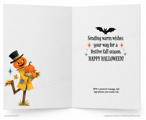 An open folding greeting card design with a white background. The left panel shows a Halloween scarecrow made from a pumpkin, acorn, and straw, wearing a black top hat.