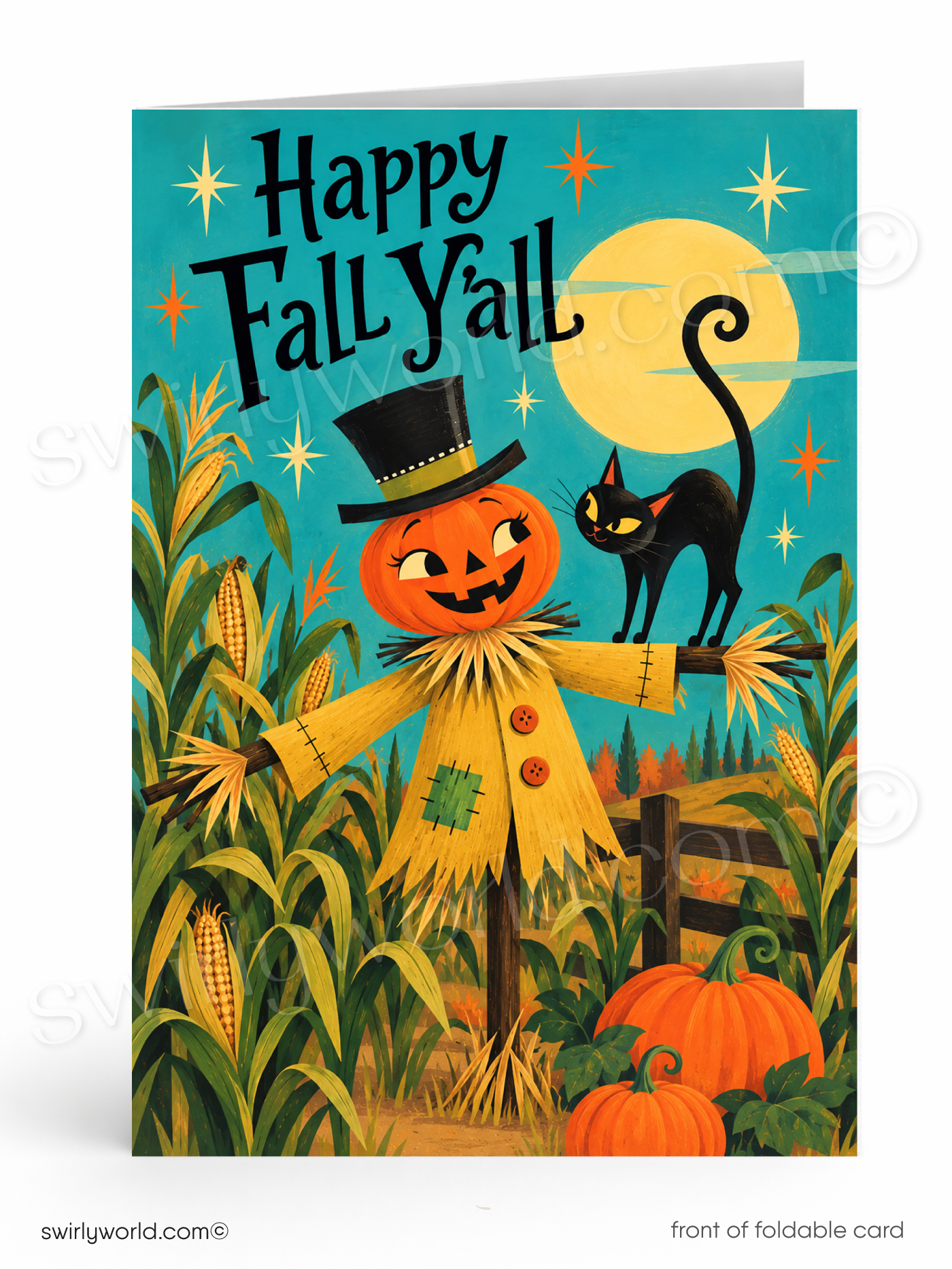 A folded greeting card shown front-facing on a white background. The card artwork features a smiling jack-o'-lantern scarecrow in a cornfield with a black cat under a yellow full moon, with the text 'Happy Fall Y'all' at the top.