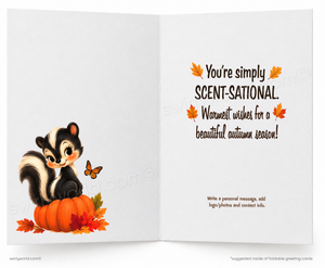 Retro Fall Greeting Card, Skunk Pumpkin Patch Happy Fall Print Art
