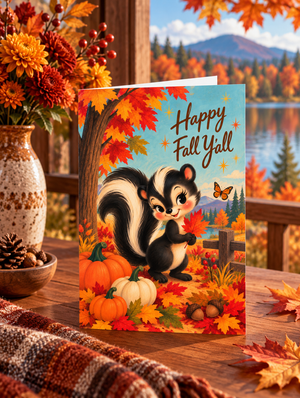Retro Fall Greeting Card, Skunk Pumpkin Patch Happy Fall Print Art
