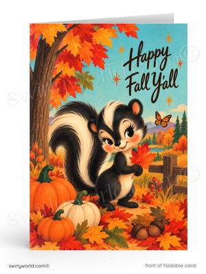 Retro Fall Greeting Card, Skunk Pumpkin Patch Happy Fall Print Art
