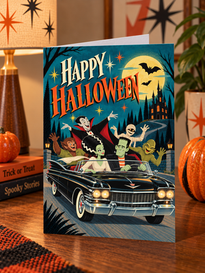 Halloween Greeting Card, Retro Classic Monster Crew, Vintage Ride