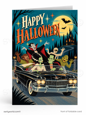 Halloween Greeting Card, Retro Classic Monster Crew, Vintage Ride