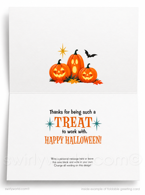 A folded white greeting card shown open, featuring a Halloween illustration with three orange pumpkins, a bat, stars, and autumn leaves on the front, and a message that reads 'Thanks for being such a TREAT to work with. HAPPY HALLOWEEN!' on the inside.
