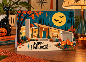 A vintage-style Halloween greeting card displayed on a wooden table, surrounded by seasonal props including pumpkins, a black cat figurine, books, and a lamp. The card features a retro mid-century modern house at night under a large yellow full moon with bats.